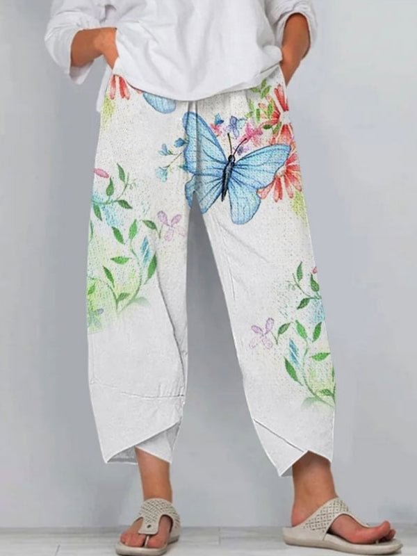 Women's Watercolor Flower Butterfly Printed Pocket Casual Pants