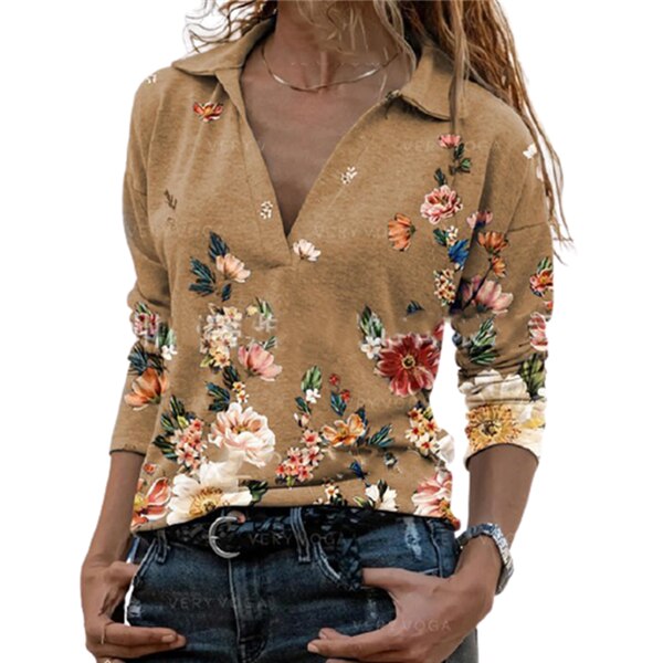 Fashion Lapel Flowers Print Pullover Tops Casual Women Autumn Long Sleeve