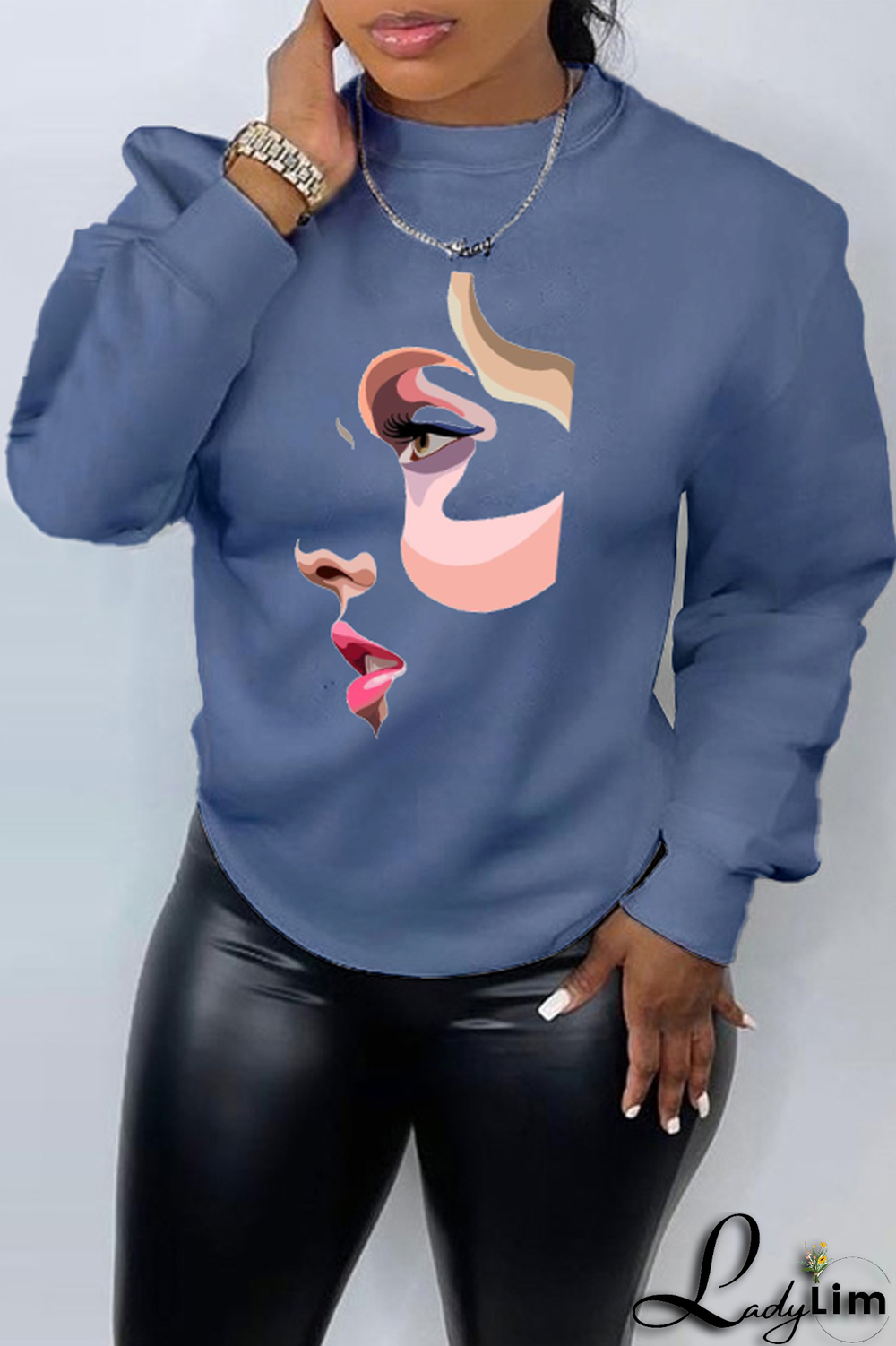 Blue Casual Daily Print Patchwork O Neck Tops