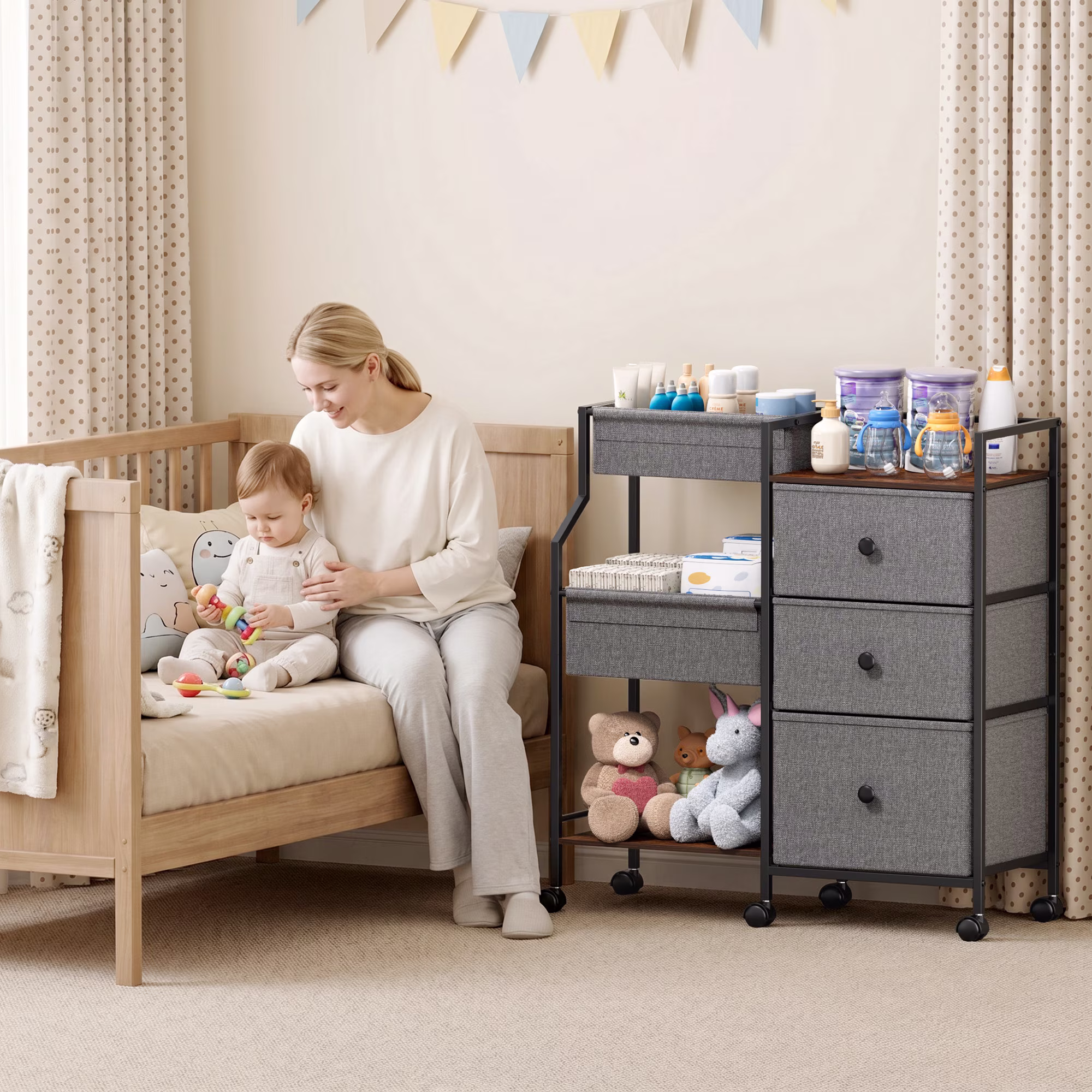 3 Tier Diaper Organizer & Storage Cart for Nursery, Bedroom, Changing Table with Dividers & Drawers