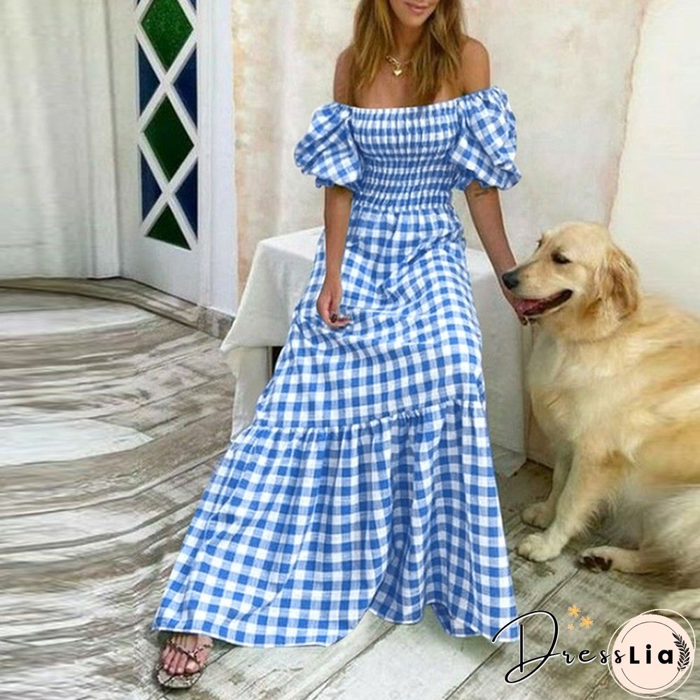 Women Puff Sleeve Square Neck Vintage Checked Plaid Maxi Dress Holiday Party Prom Dresses Kleid Plus Size