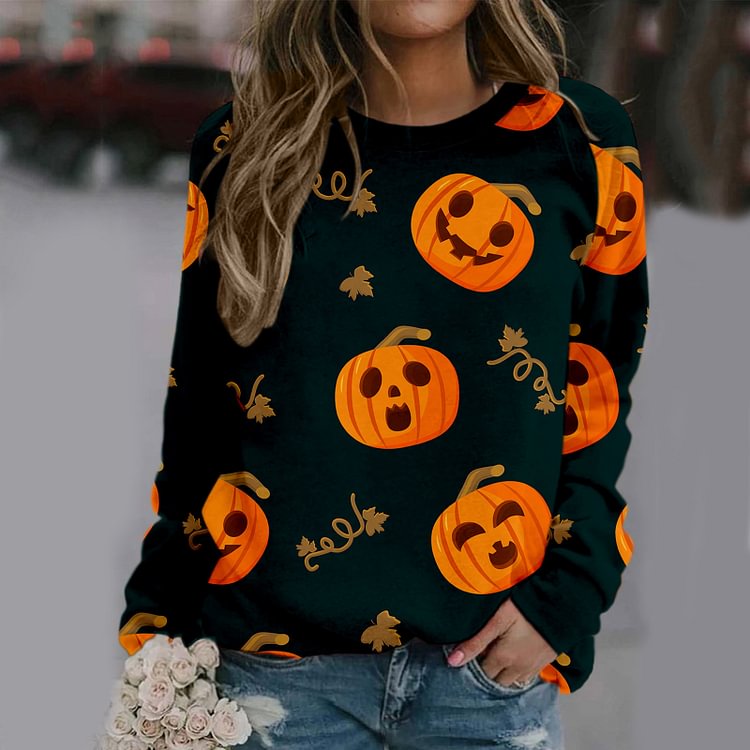 Various Expressions Pumpkins Printed Women's Casual Halloween Sweatshirt