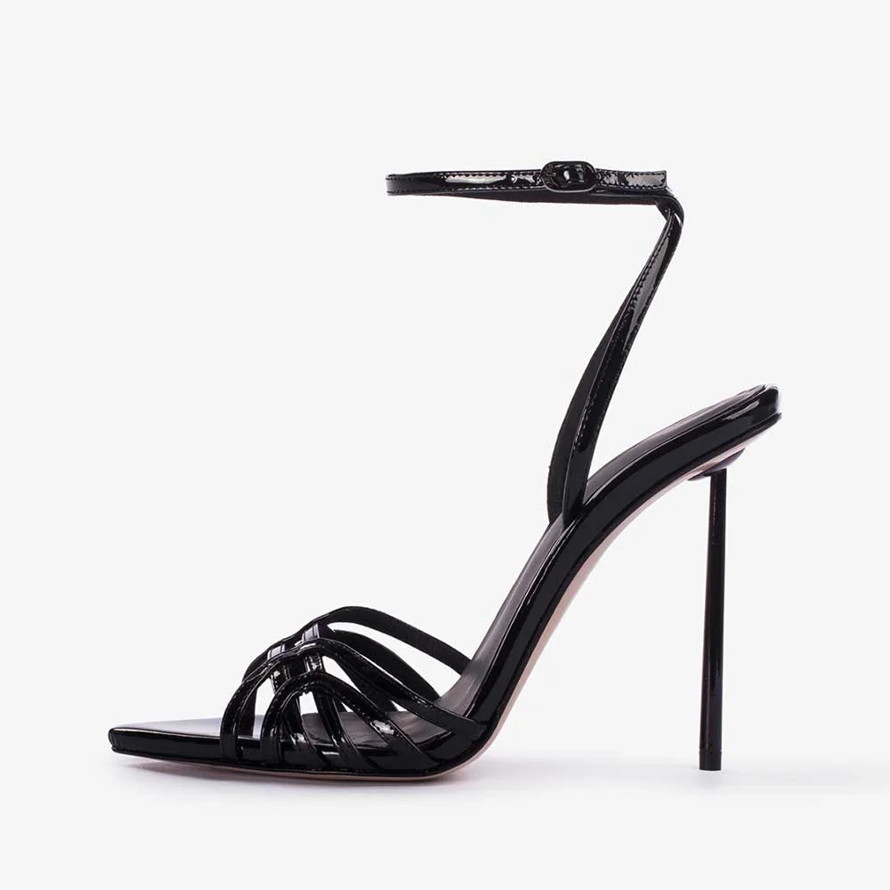 Black Patent Leather Opened Pointed Toe Ankle Strappy High Heeled Sandals Nicepairs