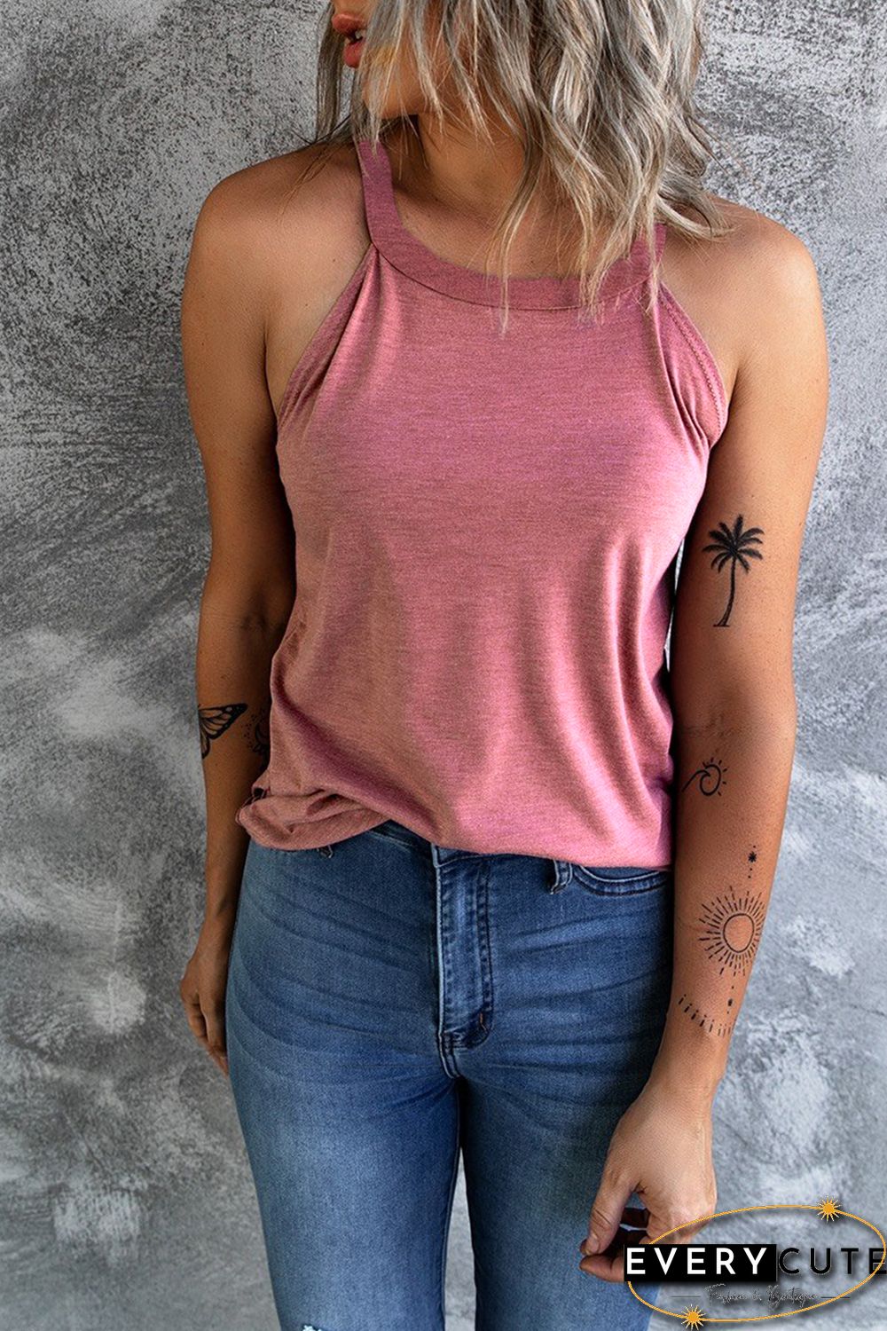 Pink Solid Color Crew Neck Tank Top