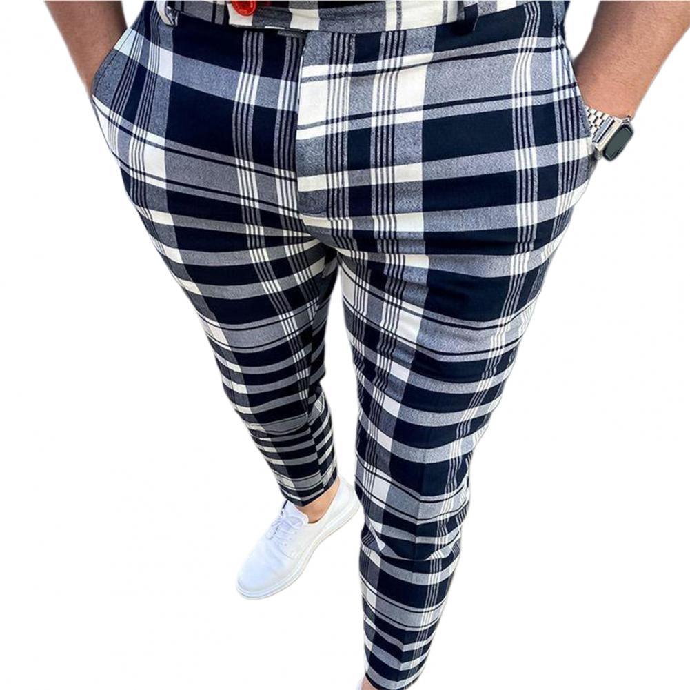 Gptsolvy men casual outfit Men Pants Vintage Plaid Print Mid Waist Slim Fit Leisure Spring Suit Pants Ankle Length Men Trousers Pencil Pants мужская одежда