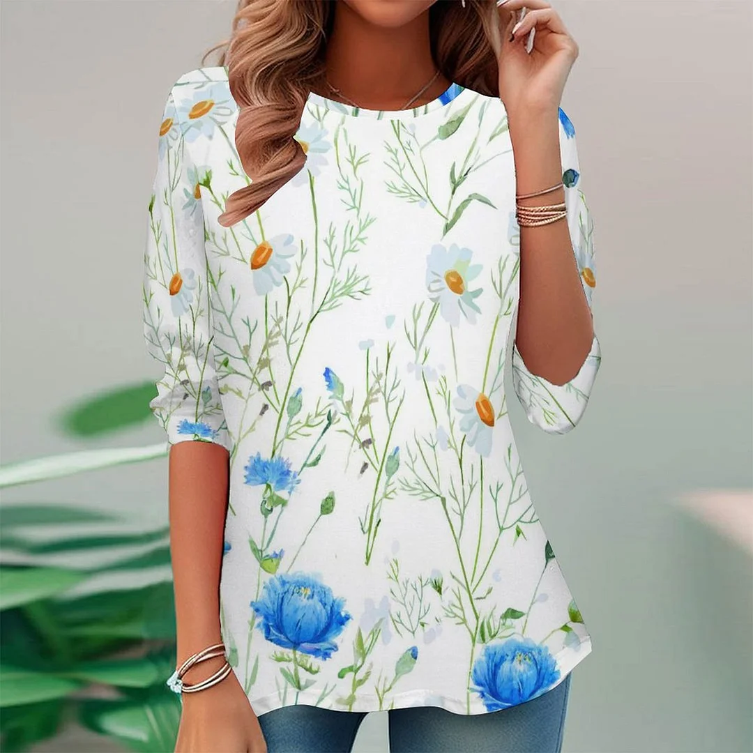 Vintage Printed Long Sleeve Plus Size Tunic for  Women and Men Unisex Pattern Blue,Floral,White