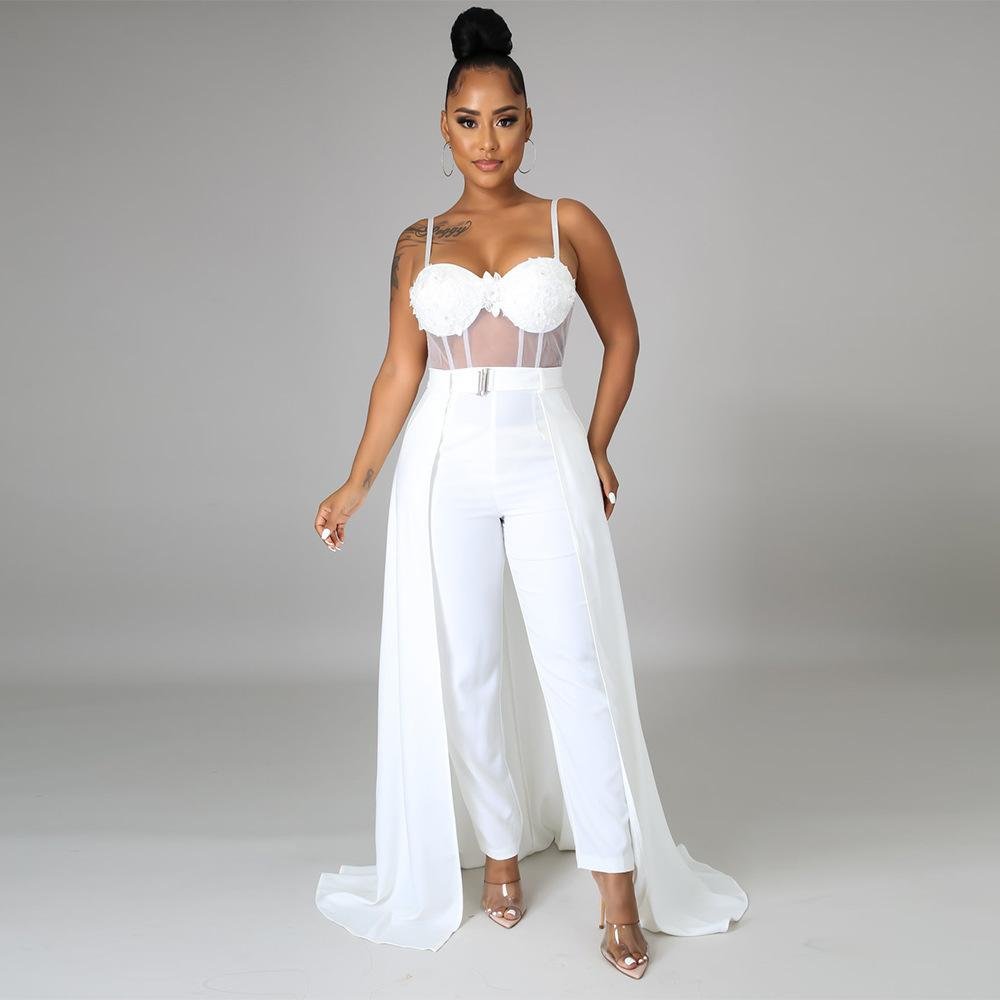 Mesh beads corset long straight jumpsuit-zachics