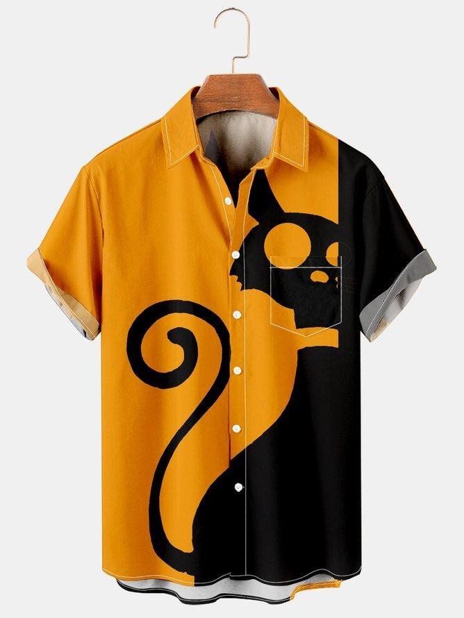 Men's Casual Halloween Cat Patchwork Casual Shirt