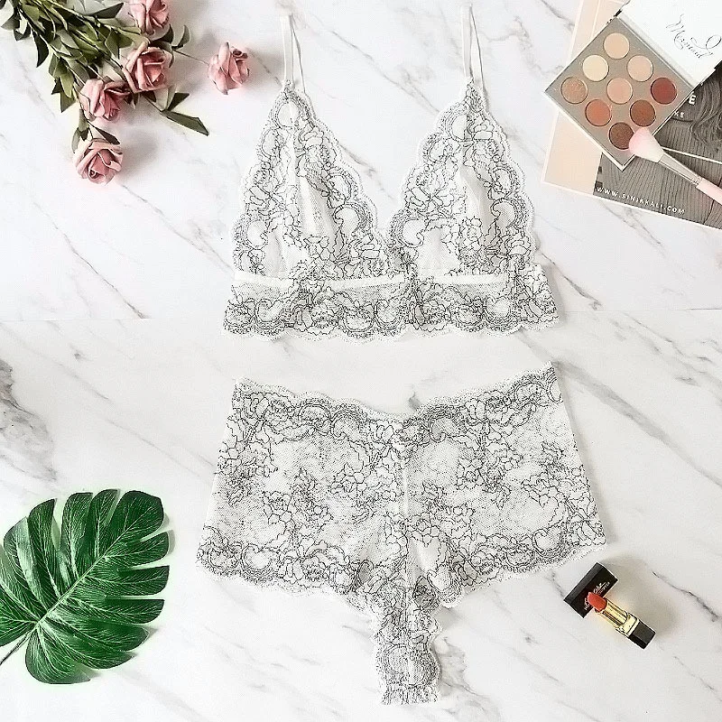 Brownm 2020 Sexy Perspective Lace Bra Without Steel Ring Triangle Cup Thin Cluster Sling Bra Set