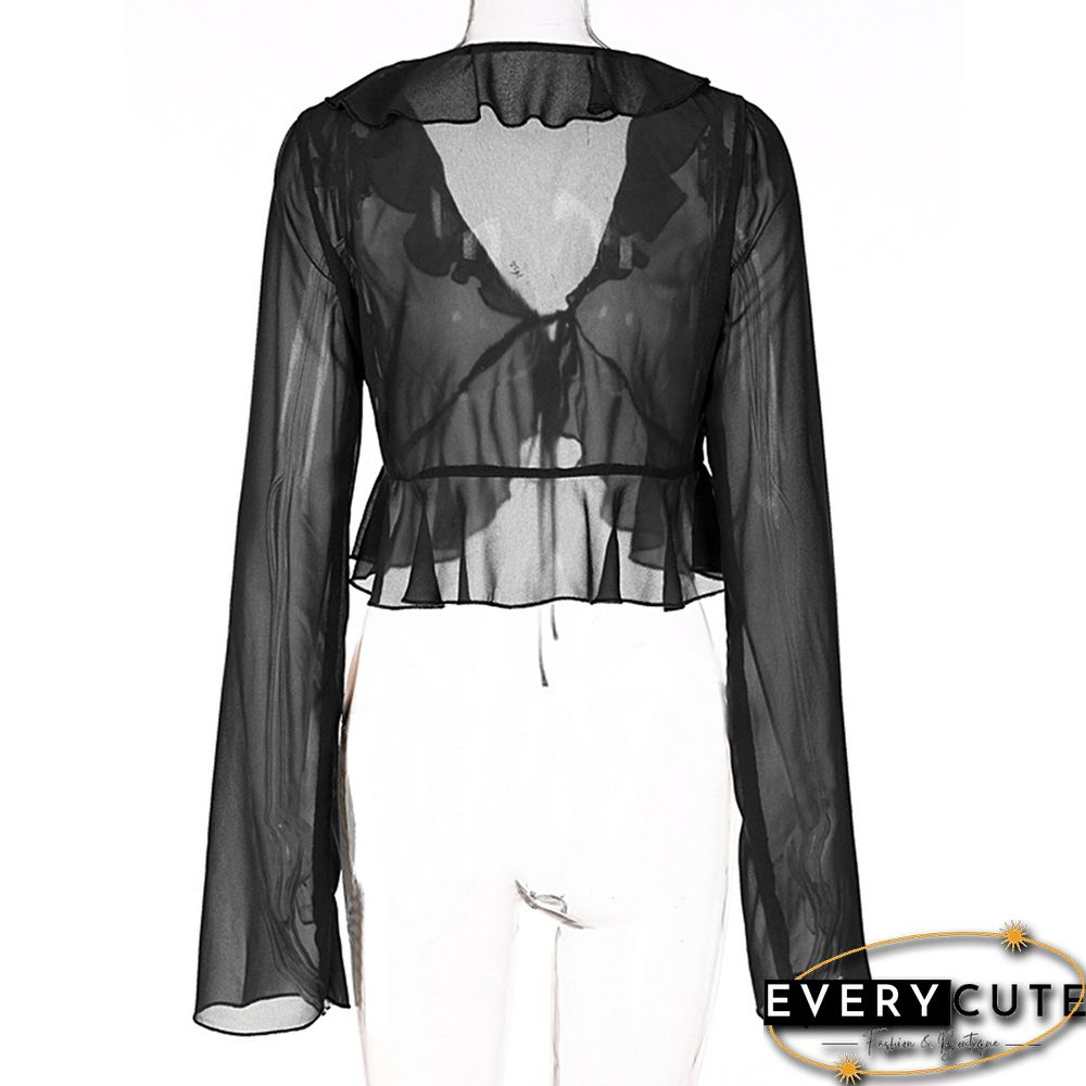 Black Ruffle V Neck Lace-up Long Sleeve Crop Tops