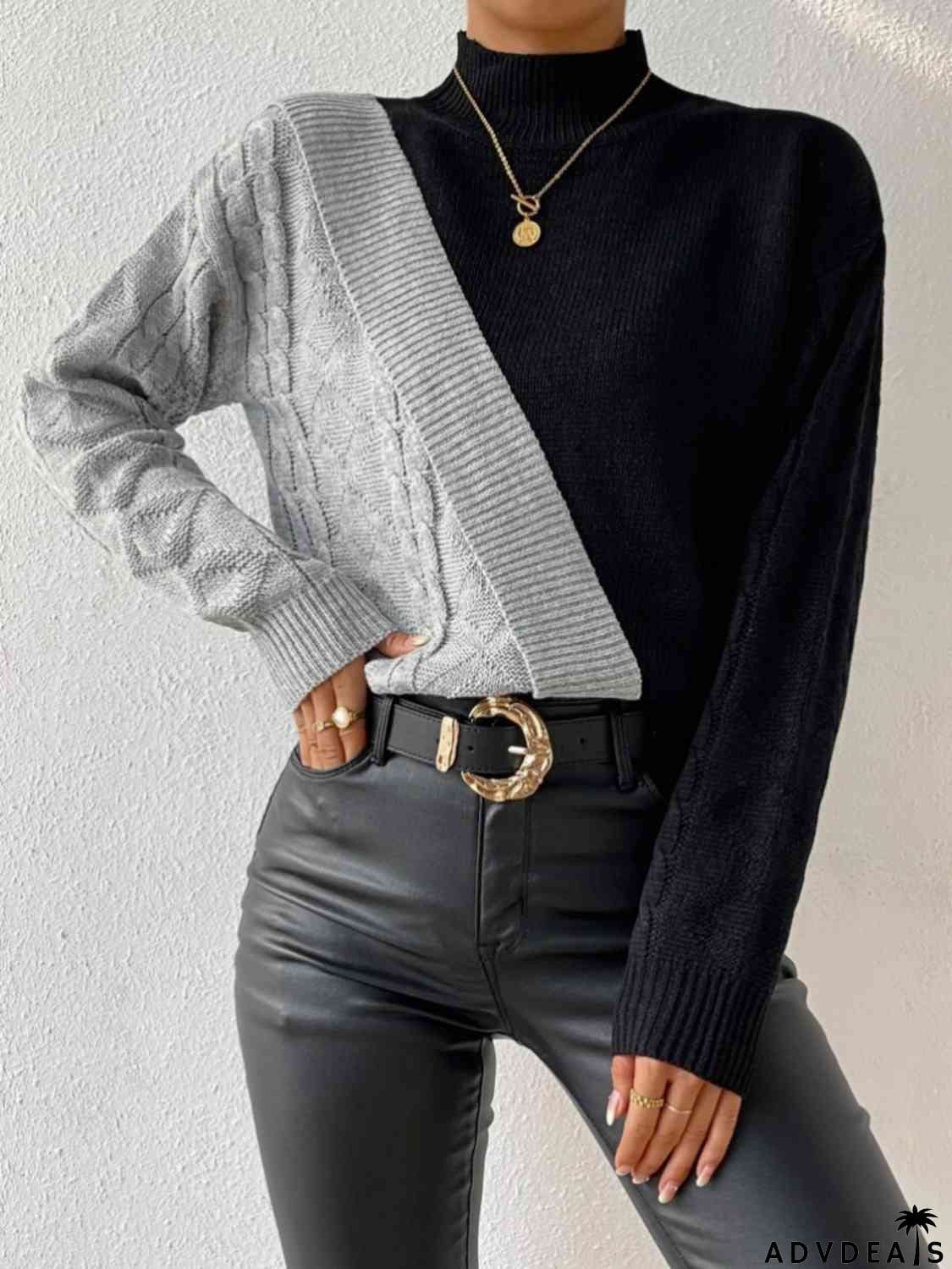Contrast Mock Neck Cable-Knit Sweater