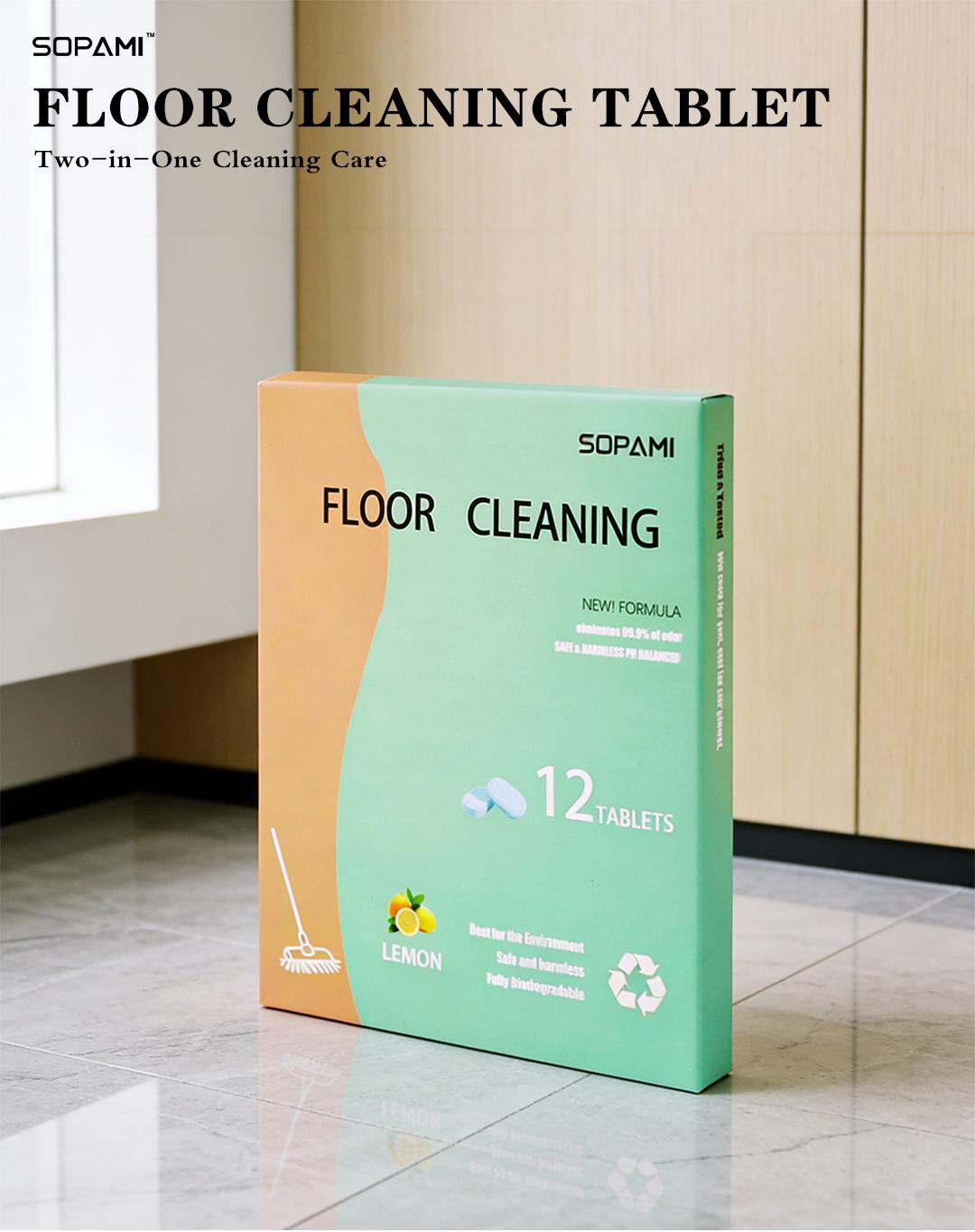 SOPAMI Floor Cleaning Tablets - Safe for Wood Tile Marble Quick Dry No Residue 12 Tablets Lemon Scent