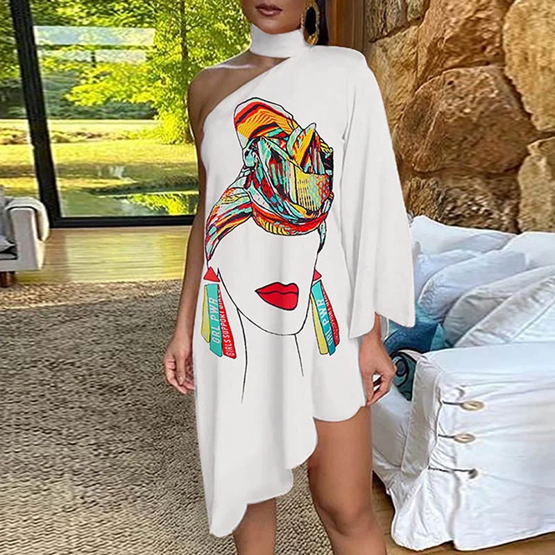 Vintage Women's Autumn Irregular Dress Sexy Halter One-shoulder Club Party Dress Elegant Long Sleeve Peacock Print Dress Vestido