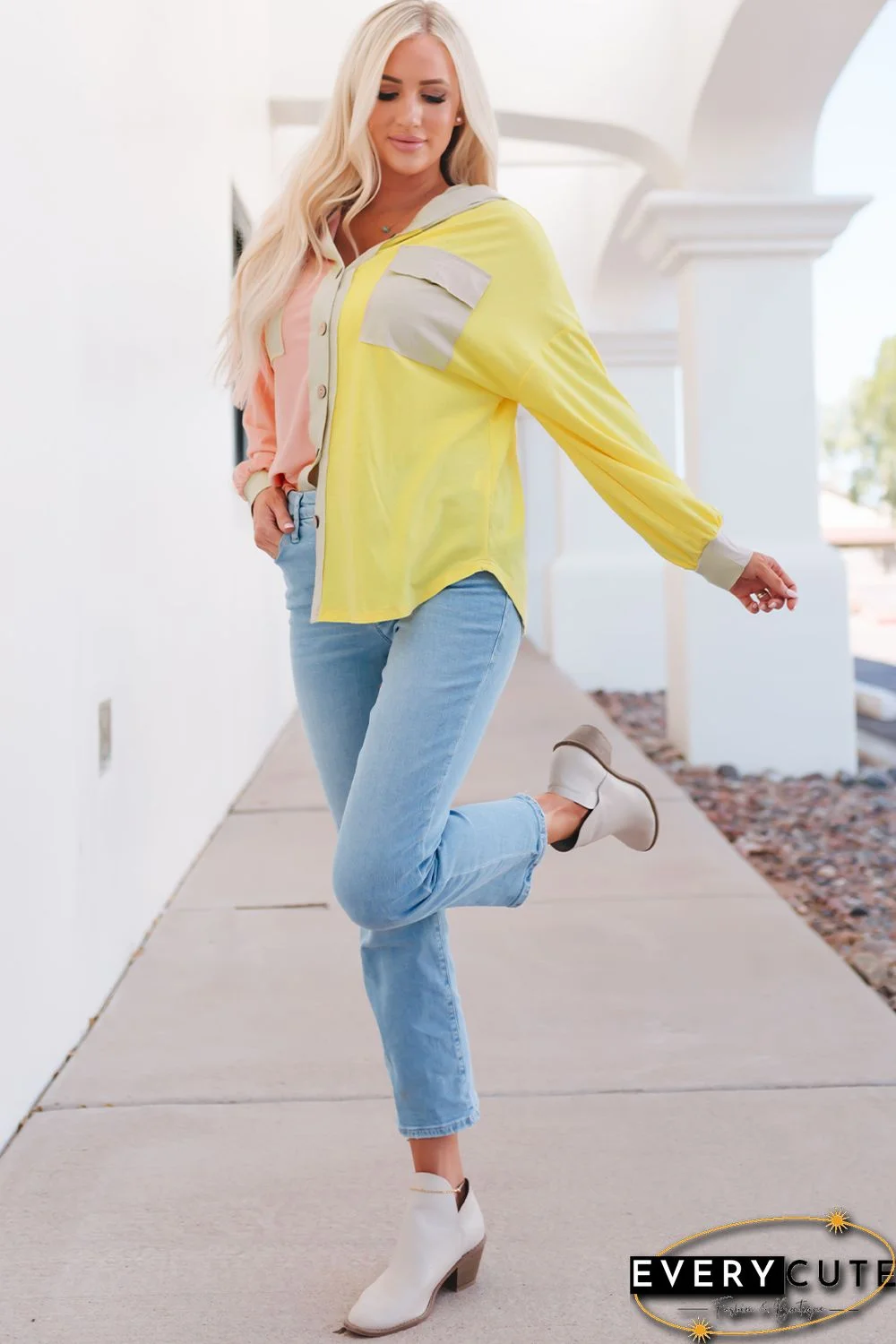 Multicolor Color Block Pocketed Button Down Shirt Jacket with Hood