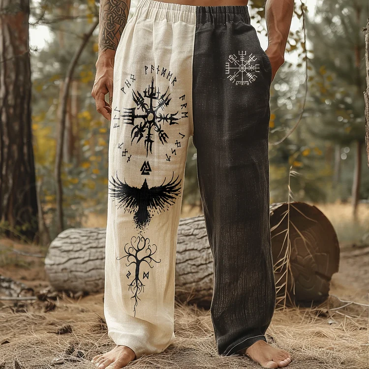 Simpfit Vintage Viking Art Leinen Kontrastfarben Lockere Hose mit weitem Bein