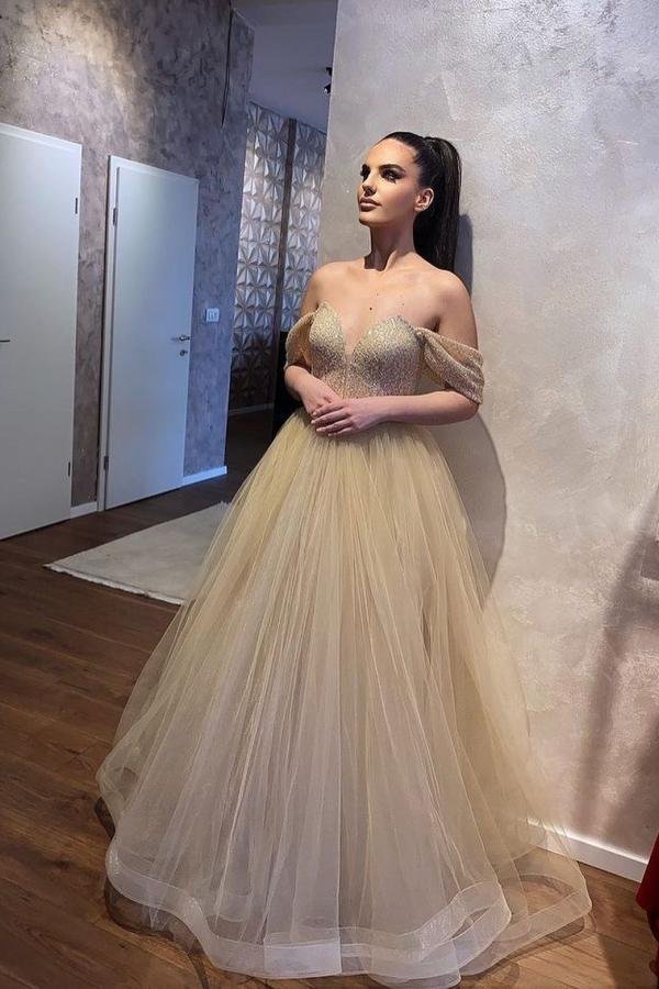 Beautiful Off-the-shoulder Beading A-Line Sweetheart Wedding Dress With Tulle Ruffles | Ballbellas Ballbellas