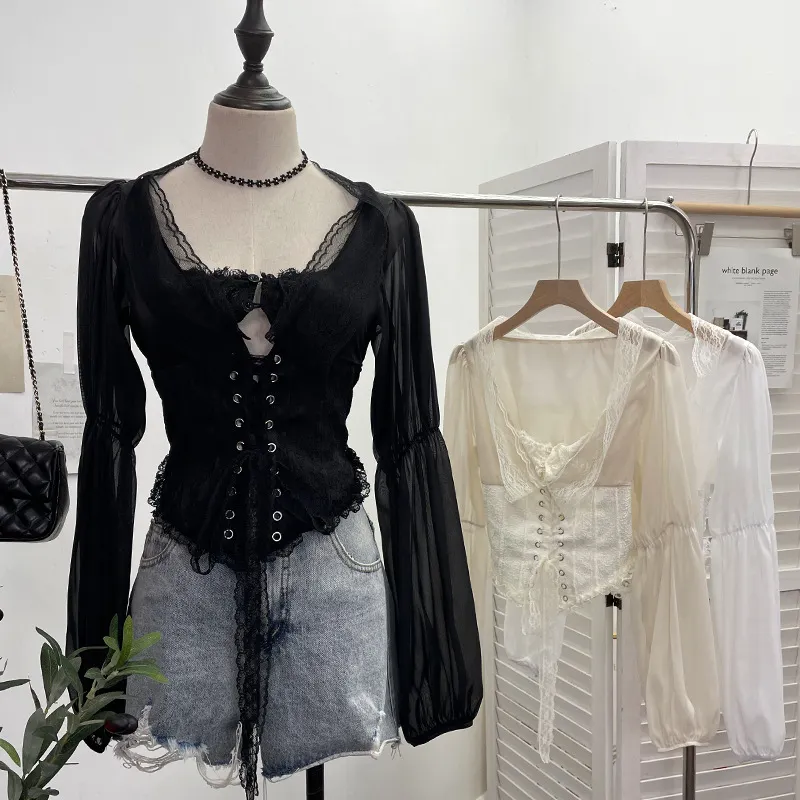 Uveng French Court Wind Strapped With Waist Fish Bone Shirt Lace Shirt Back Waist To Take Short Top 8803