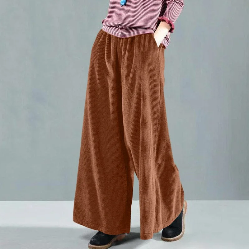 ZANZEA Women Corduroy Wide-legged Pants Stylish Elastic High Waist Pockets Causal Ankle Length Long Female Streetwear Trousers