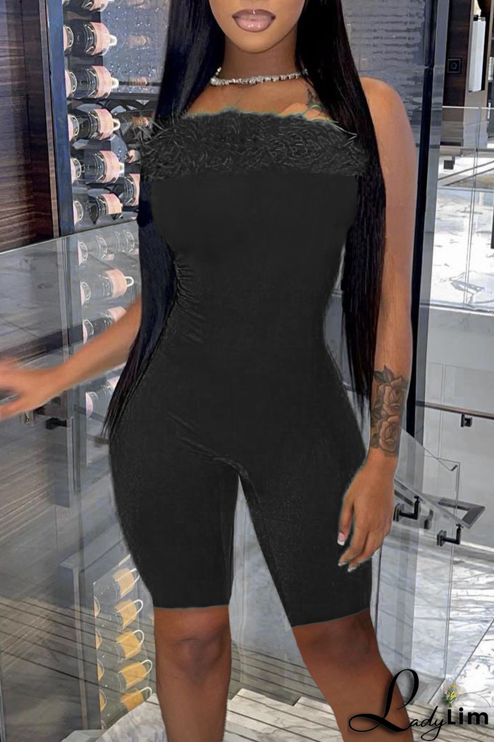 Black Sexy Solid Split Joint Feathers Strapless Regular Jumpsuits