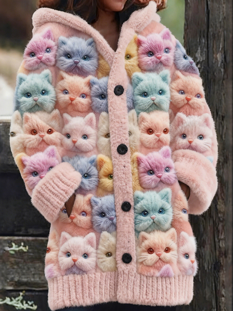 Cute Cozy Pastel Cats Art Cozy Knit Hooded Cardigan elevenforest