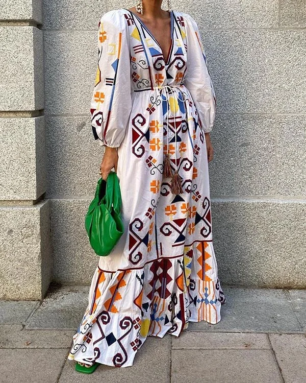 Bohemian Holiday V-neck Long-sleeve Printed Dress