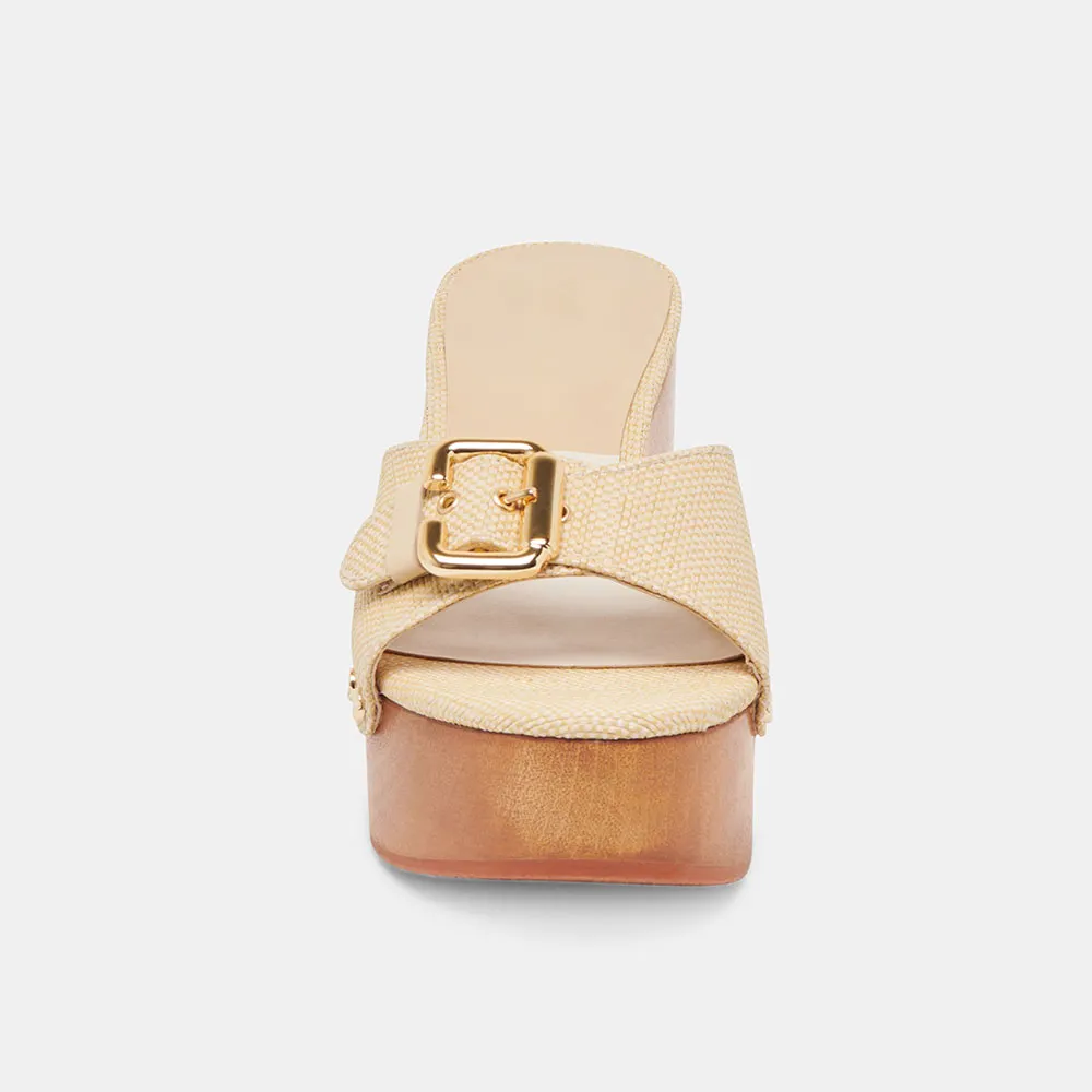 Beige Raffia Studded Open Round Toe Buckle Platform Slide Sandals