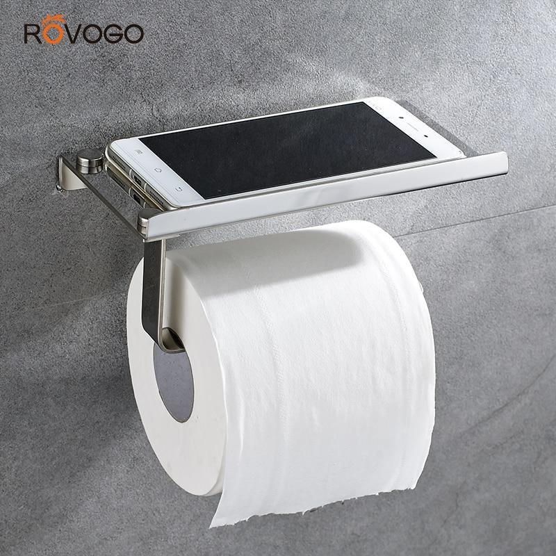 ROVOGO Toilet Paper Holder with Phone Self Brushed, Stainless Steel Toilet Paper Roll Holder for Bathroom Wall Mounted (Silver)