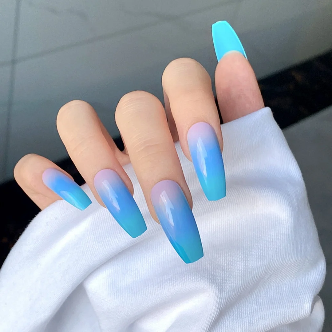 24pcs Fake nails with designs Blue Gradient Purple Coffin Fake Long Ballerina False Nails Full Cover Nail Tips Press On Nails-Nail Inspo