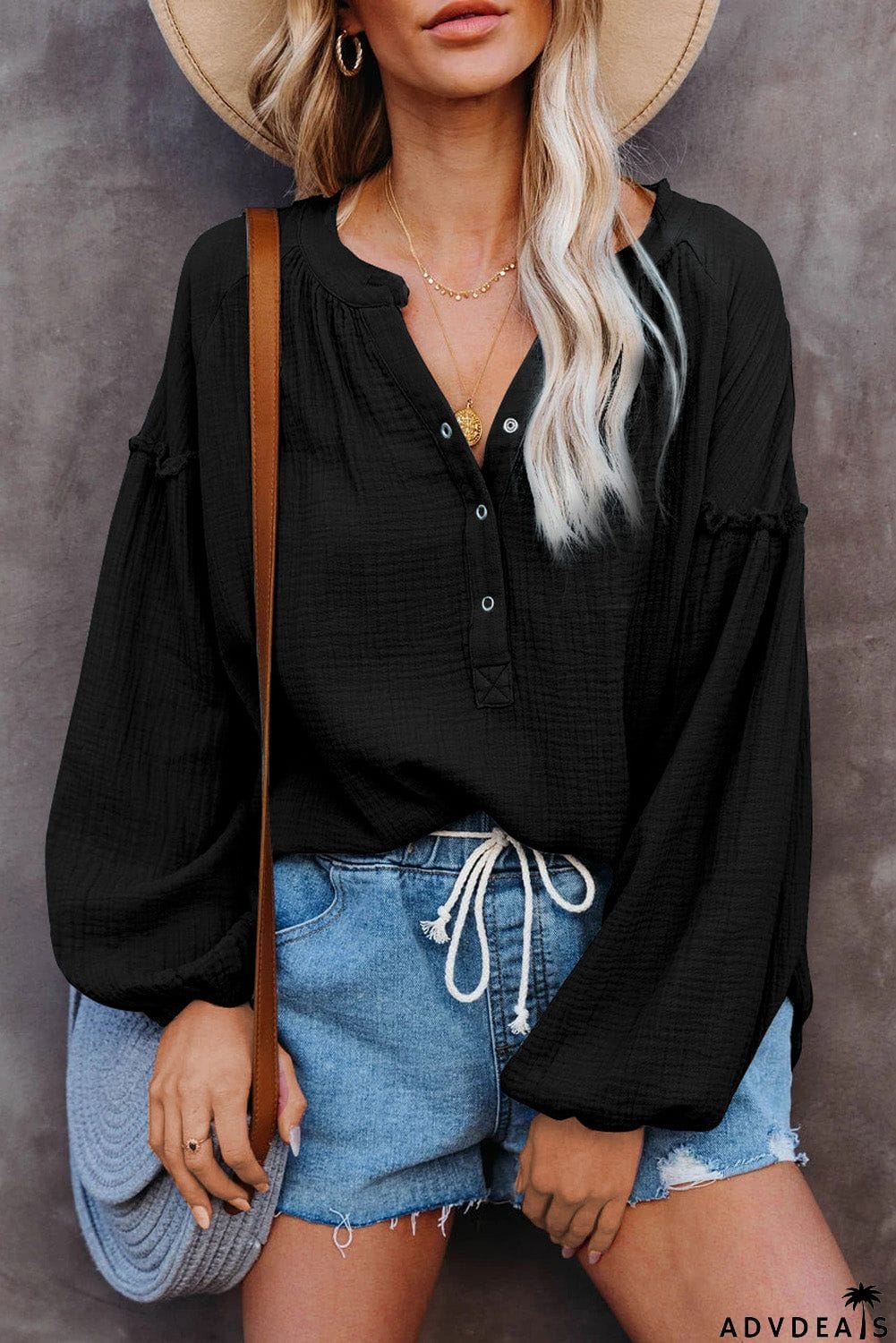 Casual Balloon Sleeve Crinkled Top