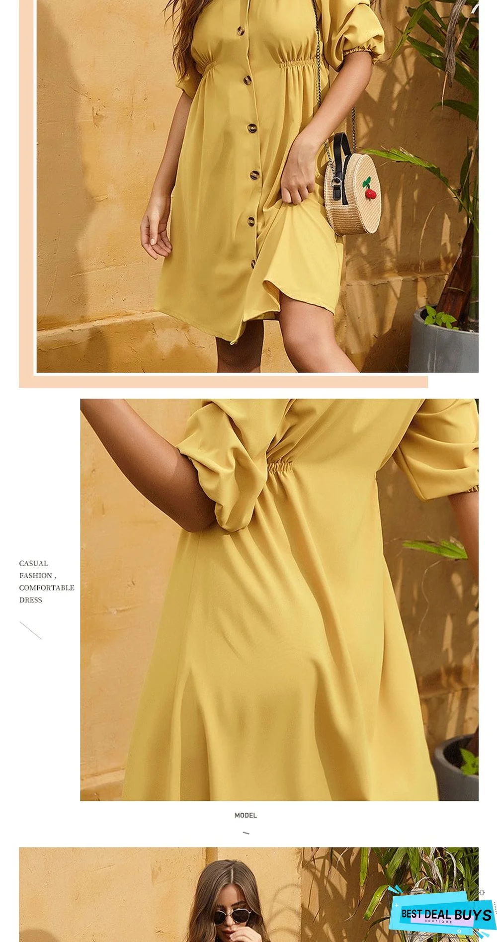 Solid-colored Loose-fitting Mid-sleeve Pleated Shirt Large Swing Dress