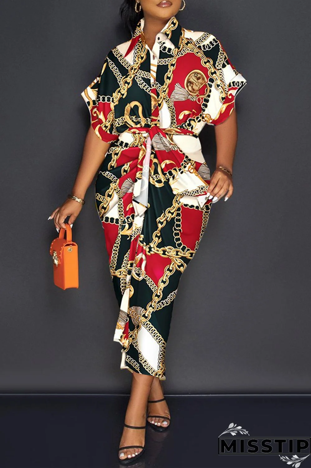 Blue Fashion Casual Print Patchwork Turndown Collar Shirt Dress