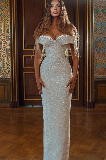 White Sequins Mermaid Prom Dress Off-the-Shoulder - lulusllly