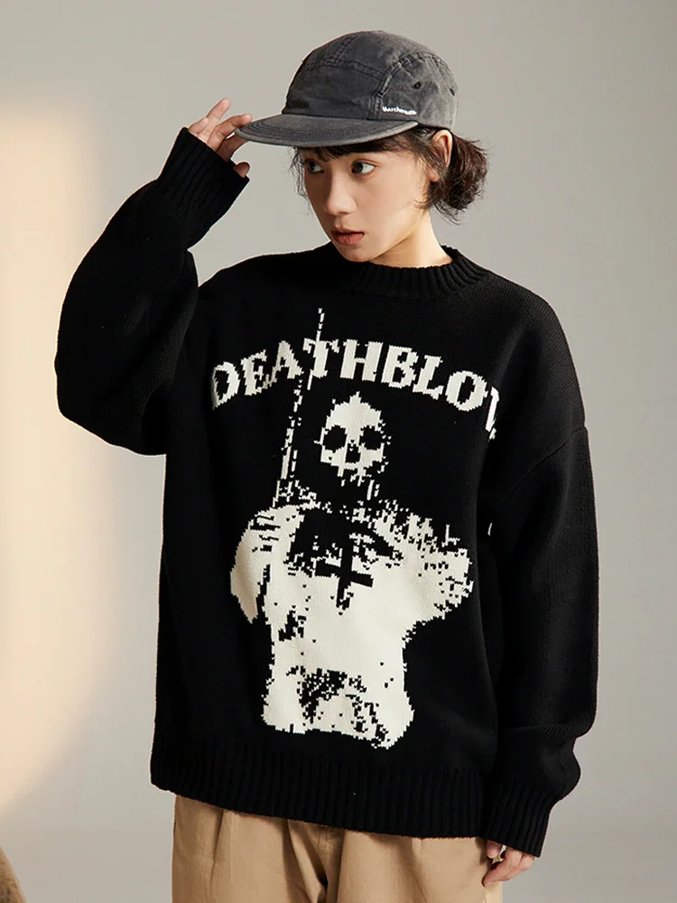 Oversize Round Neck Contrast Color Skulls Printed Long Sleeve Knitted Sweater  