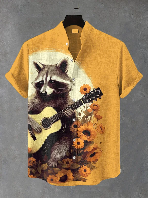 Men's Flowers Raccoon Playing Guitar Print Short Sleeve Shirt