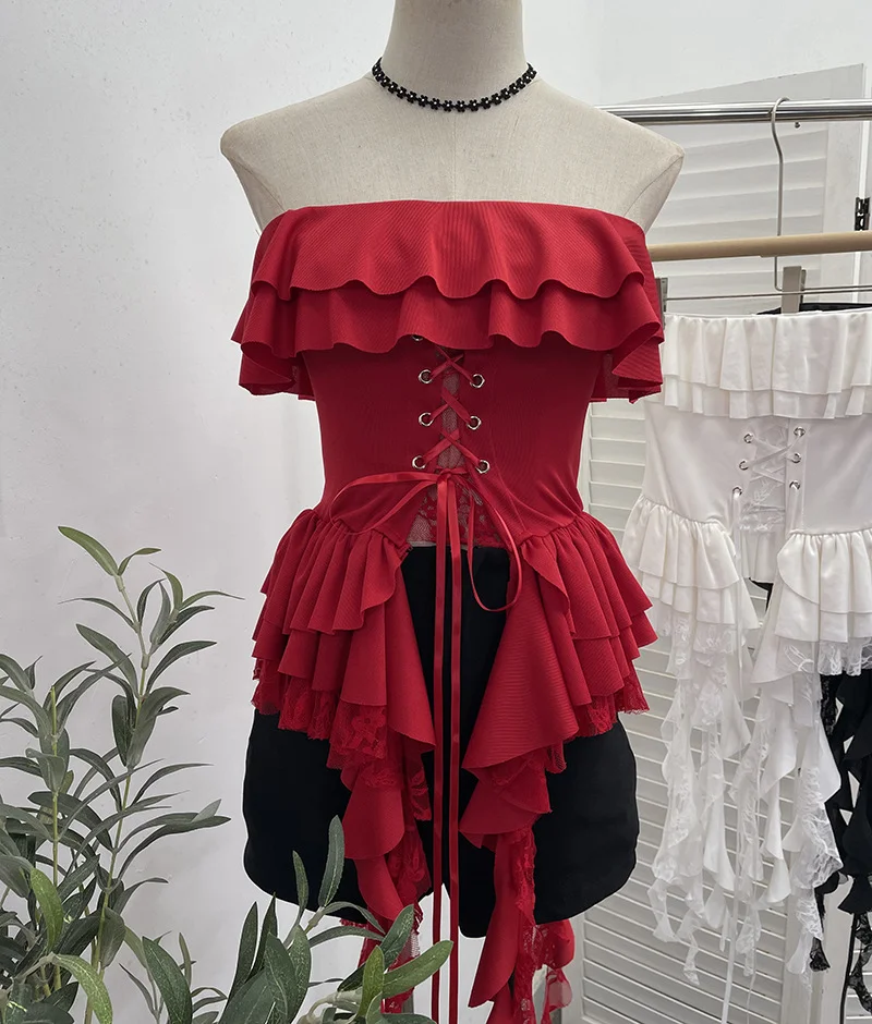 Nigikala Nigikala Shooting Hottie Belt Lotus Side Splicing Lace Bra Vest Word Shoulder Ribbon Short Coat 8013