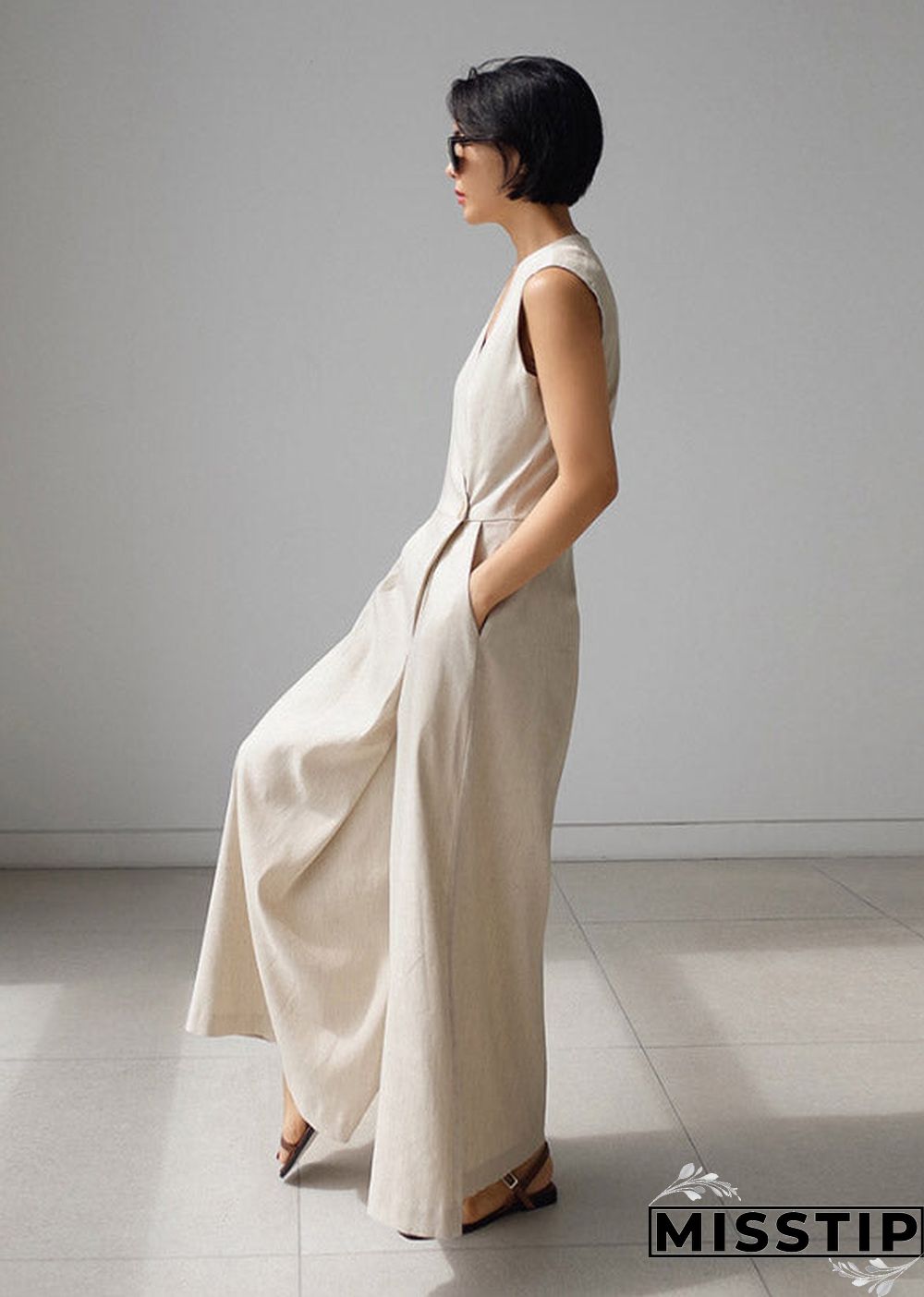 Chic Beige V Neck Button Pockets Jumpsuit Pants Summer