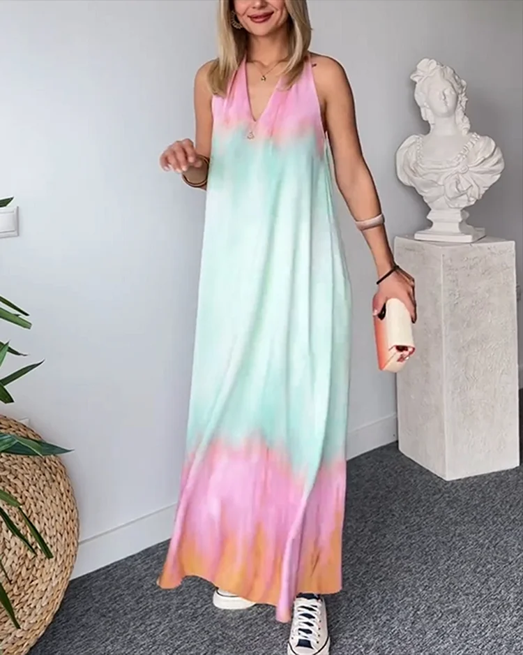 Women's V-Neck Gradient Color Dress