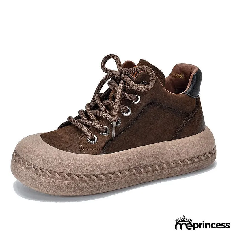 Genuine Leather Retro High Top Thick-soled  Lady Shoes