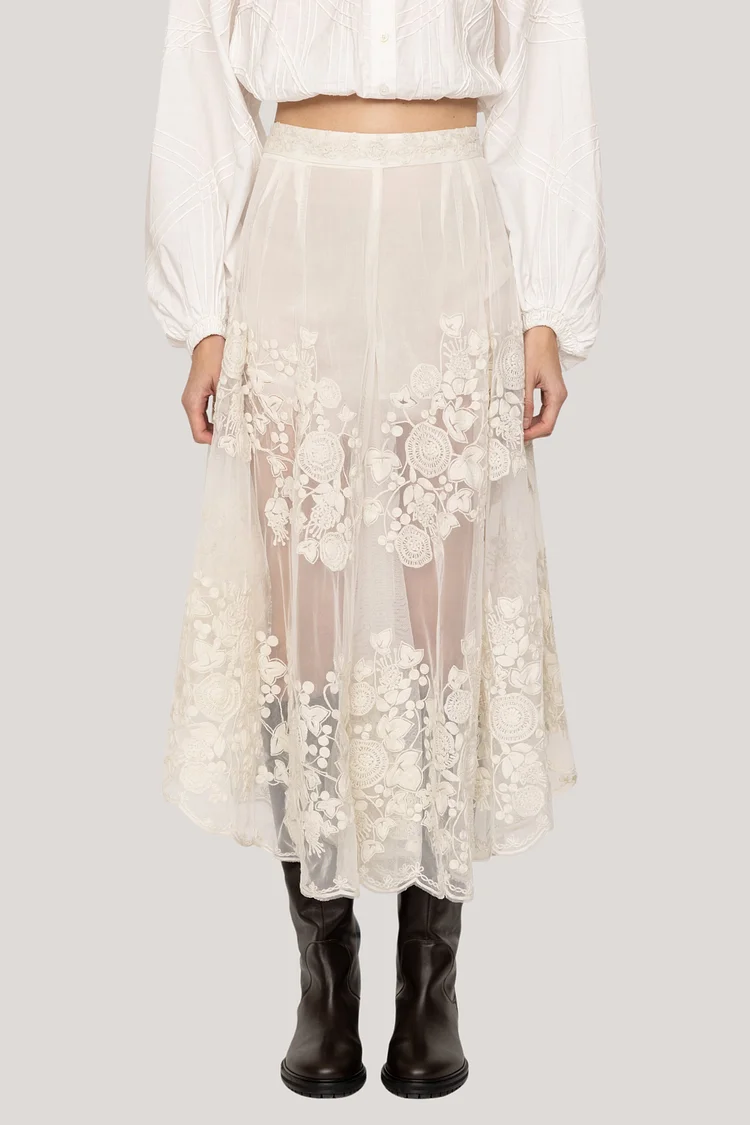 Faunus Embroidered Floral Mesh Maxi Skirt In White