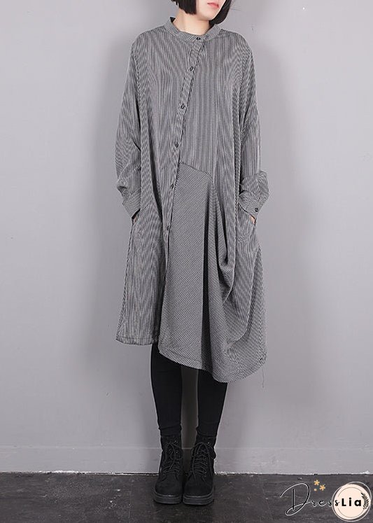 Plus Size Grey O-Neck Asymmetrical Striped Button Maxi Dress Fall