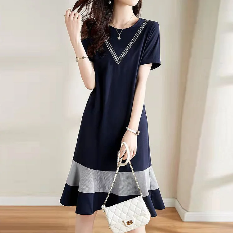 Navyblue Short Sleeve Ruffled A-Line Dresses QueenFunky