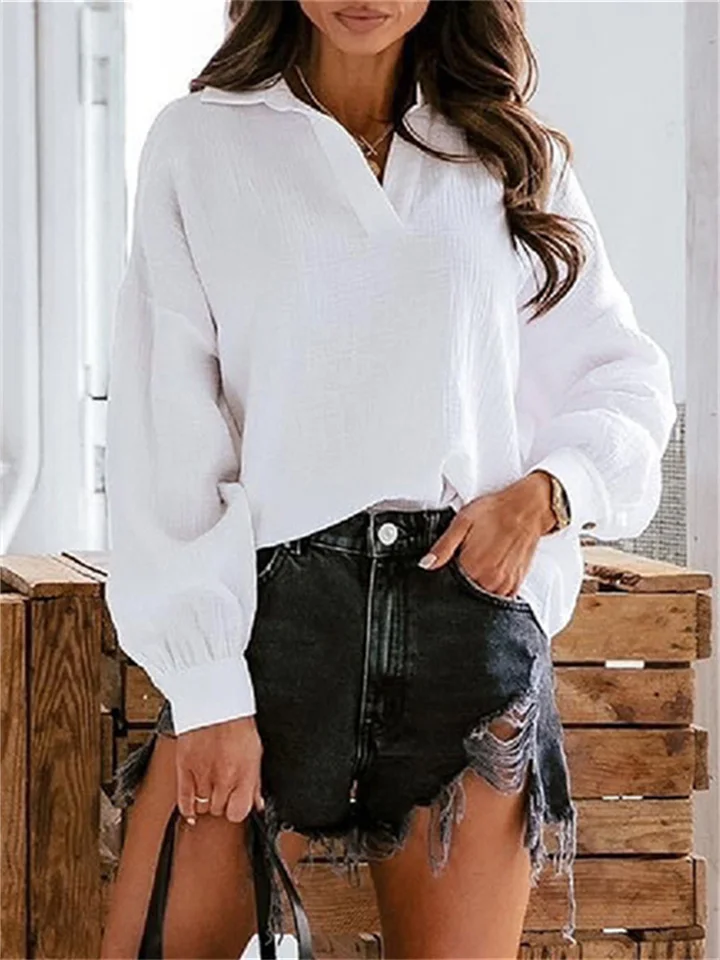 Autumn New Lapel Lantern Long-sleeved Solid Color Shirt Temperament Commuting Loose Type Women's Tops