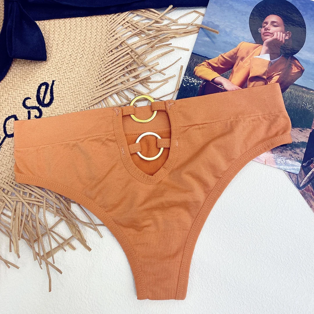 New Women's Underwear Sexy Solid Color Panties Fashion Metal Ring Comfort Briefs Mid Waist Seamless Underpants Female Lingerie