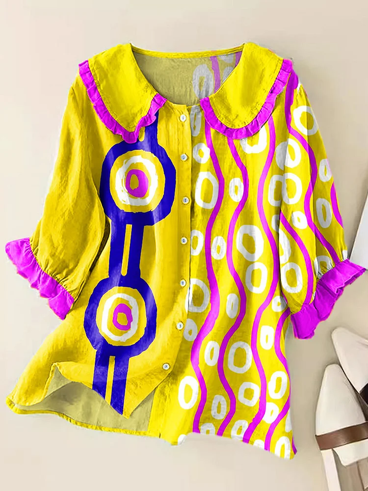 Women Vintage Abstract Geometric Colorful Art Print Peter Pan Collar Half Sleeve Blouses