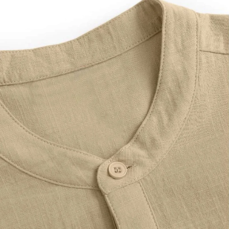 Men Cotton Linen Half Button Pocket Henry T-shirt Shirt Khaki-inspireuse