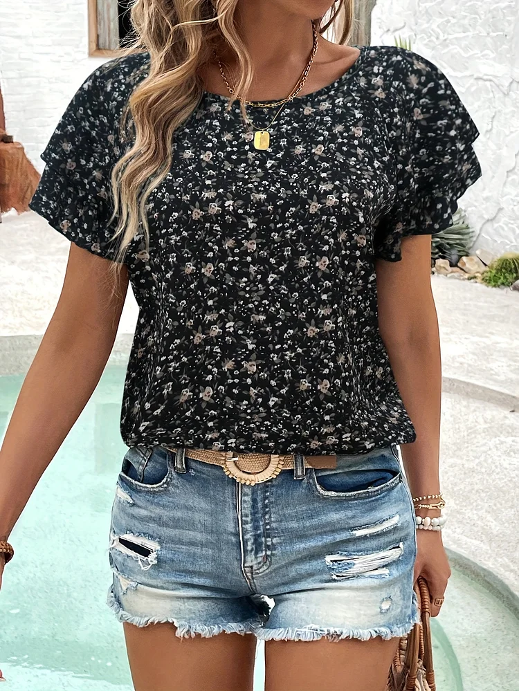 Women's Elegant Floral Print Blouse - Non-See-Through Round Neck Top, Machine Washable Everyday & Formal Outfits For Spring/Summer Casual Formal Events, Ladies Blouses, Summer Outfit, Nonseethrough Fabric