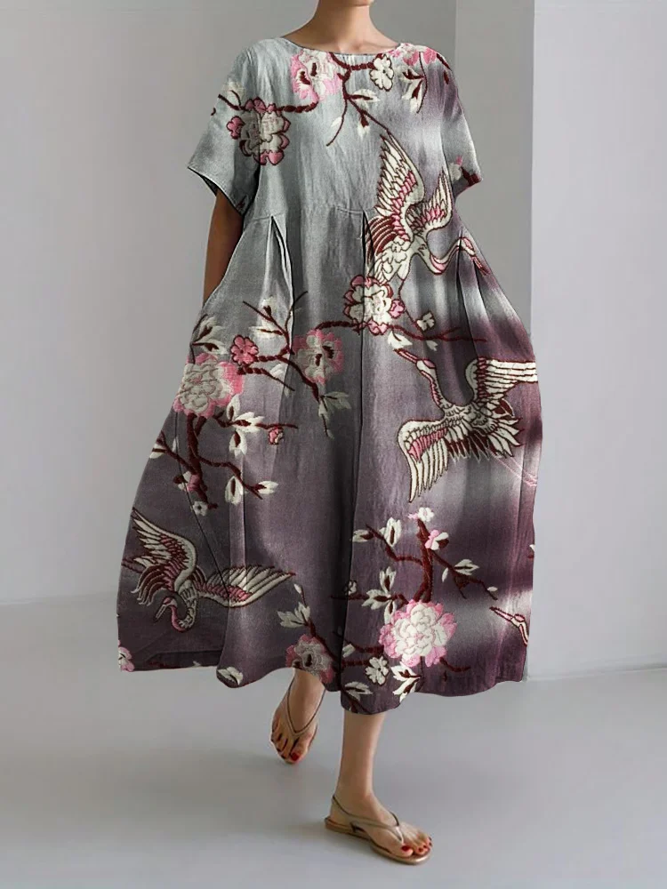 VChics Cranes Floral Embroidered Linen Blend Maxi Dress