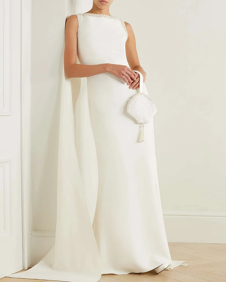 Cape-effect embellished stretch-crepe gown