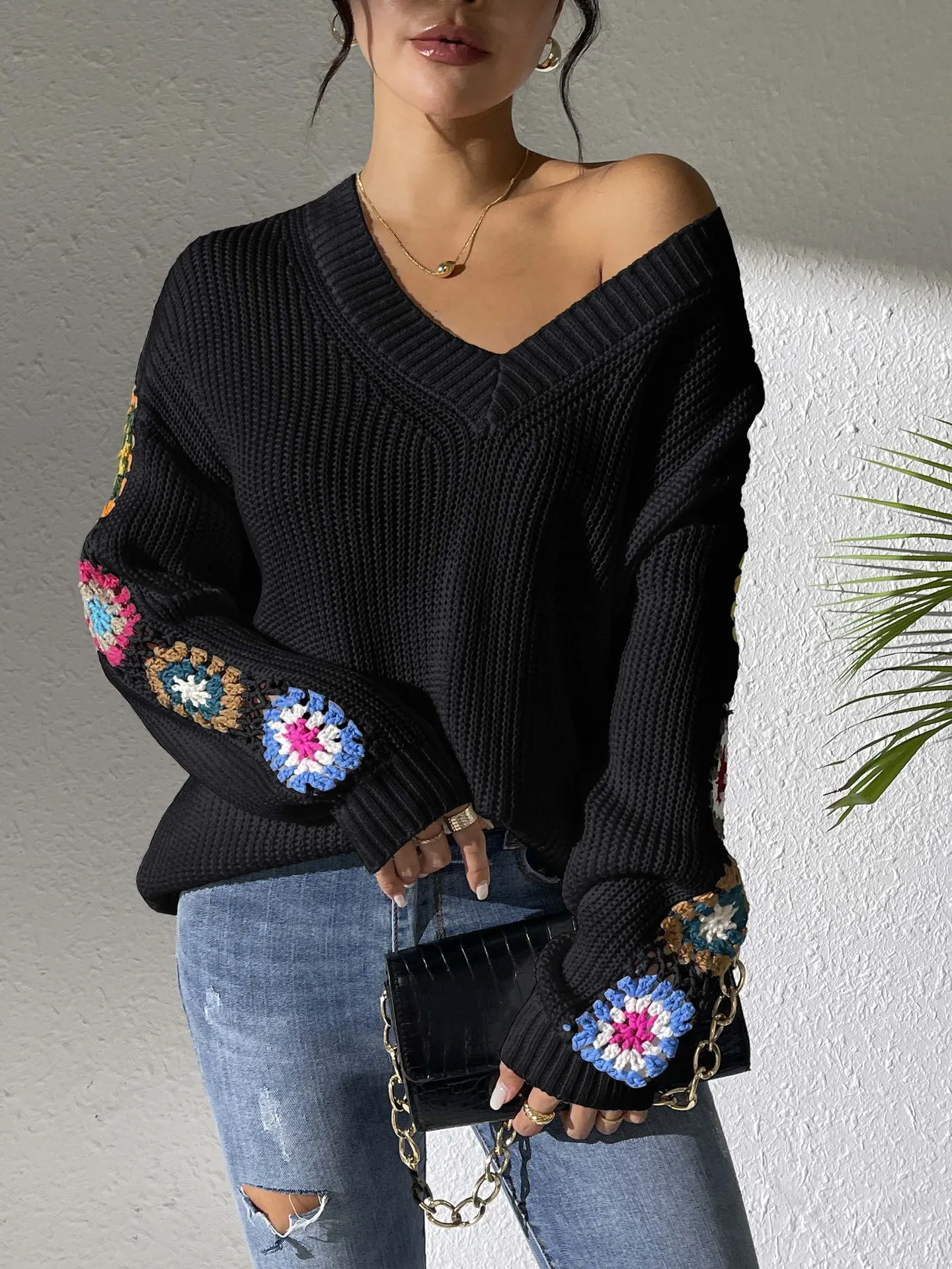 Women V Neck Crochet Floral Patchwork Knit Sweater