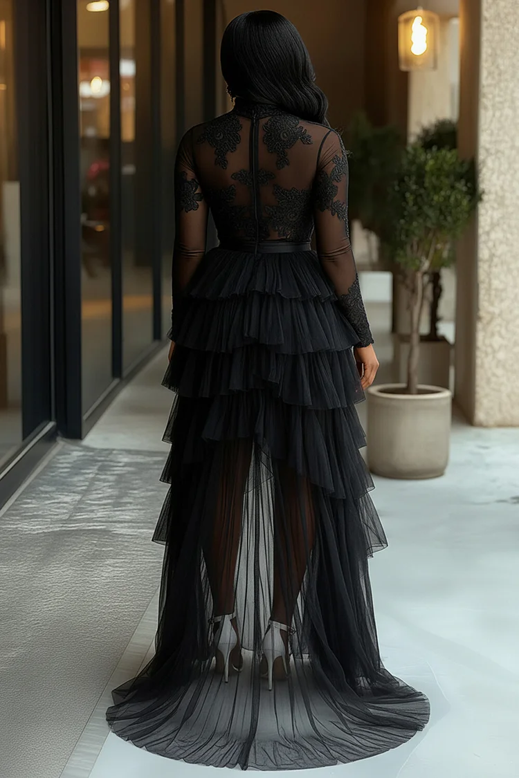 Illusion Mock Neck Tiered Mesh Party Maxi Mullet Dresses-Black [Pre Order]